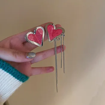 асиметрични масло-розови обеци с пискюли във формата на сърце верига, сладки, студени освежаващи дизайнерски обеци
