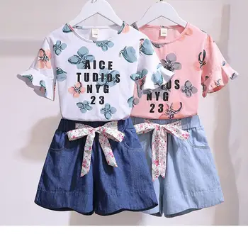 Комплекти дрехи с цветен печат за малки момичета, Летни Блузи с къс ръкав, Дънкови Шорти, 2 броя, Модни Дрехи, от 2 до 10 години