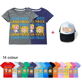 Lankybox/ Тениска за момчета и момичета, Лятна Тениска с Къс ръкав За Деца, Тениска за тийнейджъри, Camiseta, Тениски с анимационни герои, Ежедневни Блузи + Шапка