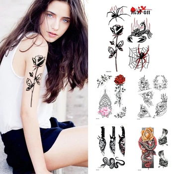 Татуировка на паяк черна роза 1шита водоустойчива временна татуировка ръкави начина жени фалшива За деца момичета