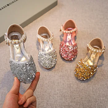 Летни Сандали с мъниста за малки момичета, детски Обувки Принцеса с перли и злато, Ежедневни блестящи вечерни модела обувки от 2 до 14 години, обувките Мери Джейн